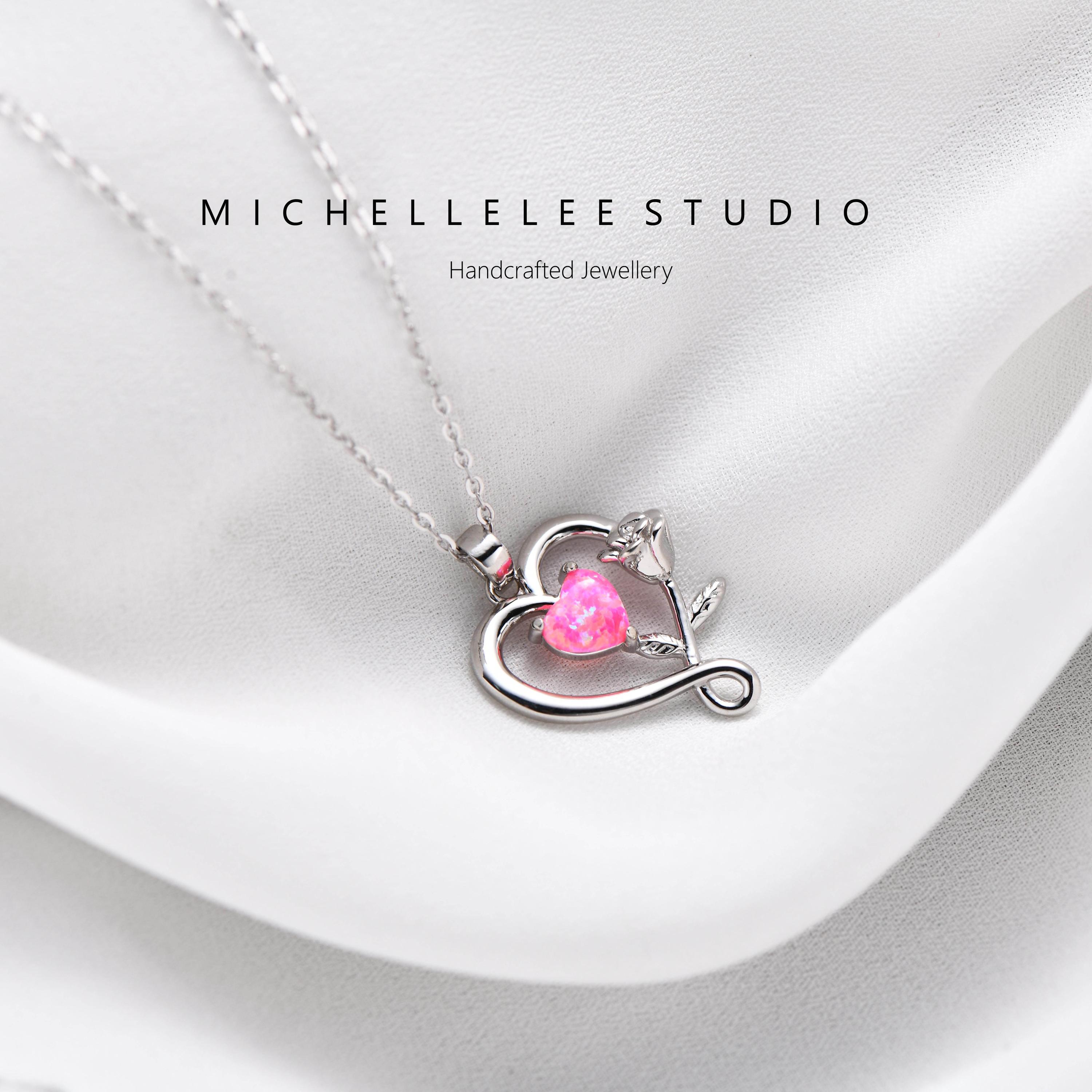 Pink Fire Opal Heart Rose Necklace,925 Sterling Silver Heart