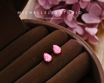 Pink Opal Droplet Stud Earrings, Teardrop Opal Sterling Silver Earrings