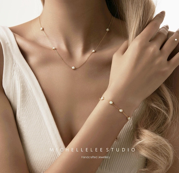 Dainty Sterling Silver Necklace with Synthetic Opal Beads