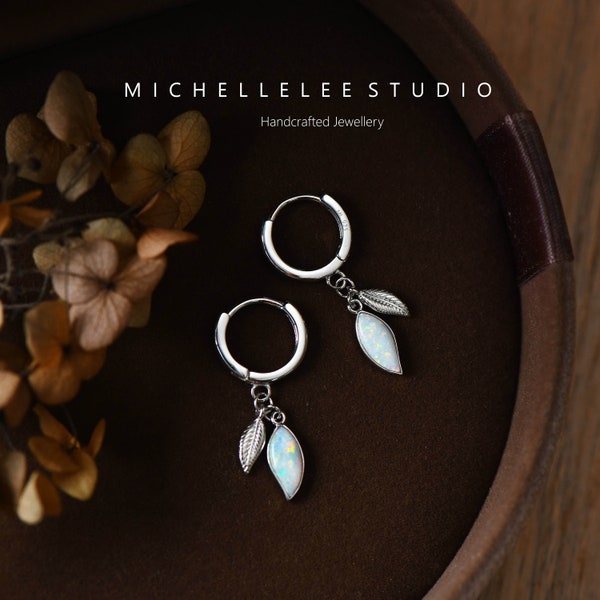 Delicate White Opal Leaf Hoop Earrings, Crystal Tree Leaves Hoop Earrings, Gift for Her
