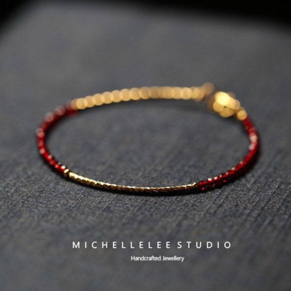 Natural Red Spinel Crystal Bead Bracelet, 2mm Diamond Cut Gemstone Beads with Gold Filled Bracelet, Gift for her