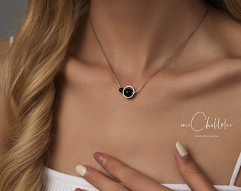 Minimalist Natural Black Onyx Ball Pendant Necklace, Sterling Silver Gemstone Choker, Birthday gift for her