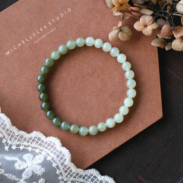Grand bracelet en jade véritable, bracelet en perles de jade de couleur dégradée, bracelet en pierres précieuses, cadeau pour elle