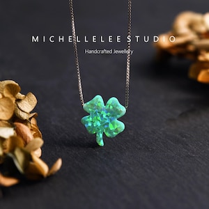 Green Opal Clover Necklace, 925 Sterling Silver Four Leaf Pendant