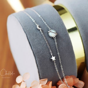 Bracelet planète fine opale en argent sterling, bracelet Saturne, bracelet lune et étoile, cadeau pour elle