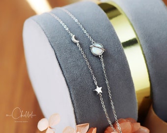 Pulsera Dainty Opal Planet en plata de ley, pulsera Saturno, pulsera de luna y estrella, regalo para ella