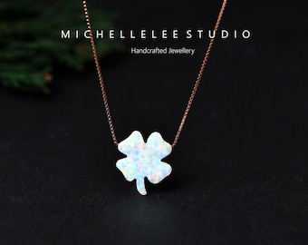 Witte opaalklaver ketting, klavertje vier hanger ketting van 925 sterlingzilver, klavertje vier ketting