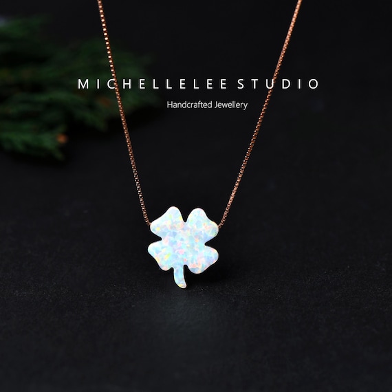 White Opal Clover Necklace, Four Leaf Clover  Pendant Necklace in 925 Sterling Silver, Lucky Clover Necklace