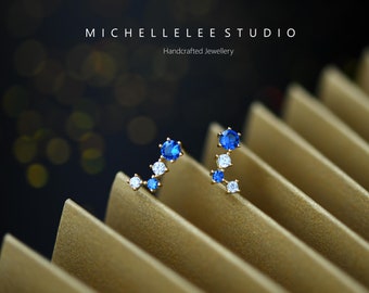 Tiny Crystal Cluster Stud Earrings in Sterling Silver, Blue and White Crystal Stacking Earrings, Everyday Minimalist Earrings