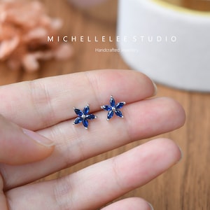 Sterling Silver Flower Stud Earrings, Blue and Green CZ Crystal Flower Stud Earrings, Crystal petal Flower,Dainty and Pretty
