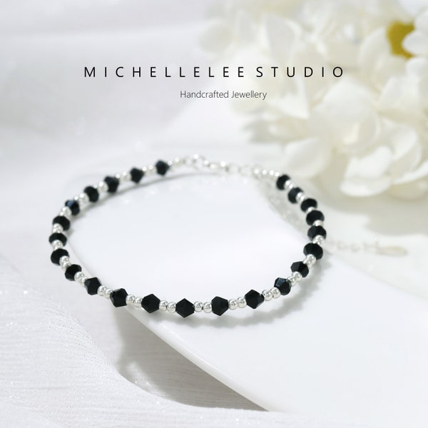 Obsidian Beaded Bracelet,  Natural Obsidian with Sterling Silver Bead Bracelet, Black Gemstone Bracelet, Gift for her