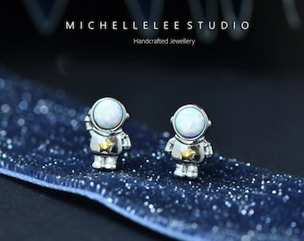 Space Astronaut Stud Earrings in Sterling Silver, Mismatched Astronaut Earrings with White Opal and Simulated Moonstone Helmet