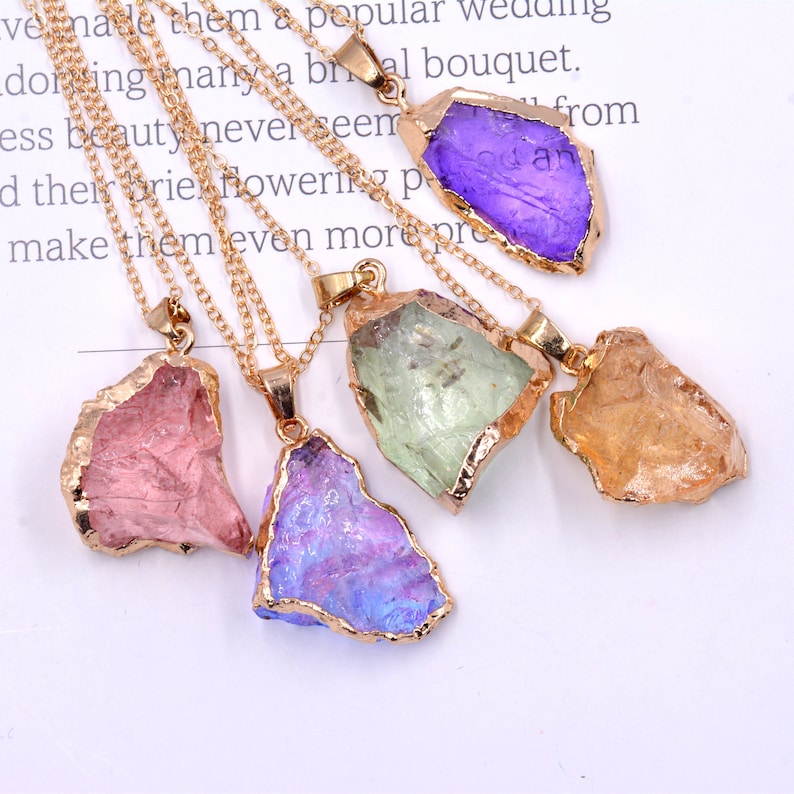 Large Raw Crystal Pendant Necklace, White Crystals plated with Multi Colour, Irregular Crystal Necklace,Rainbow Colour 