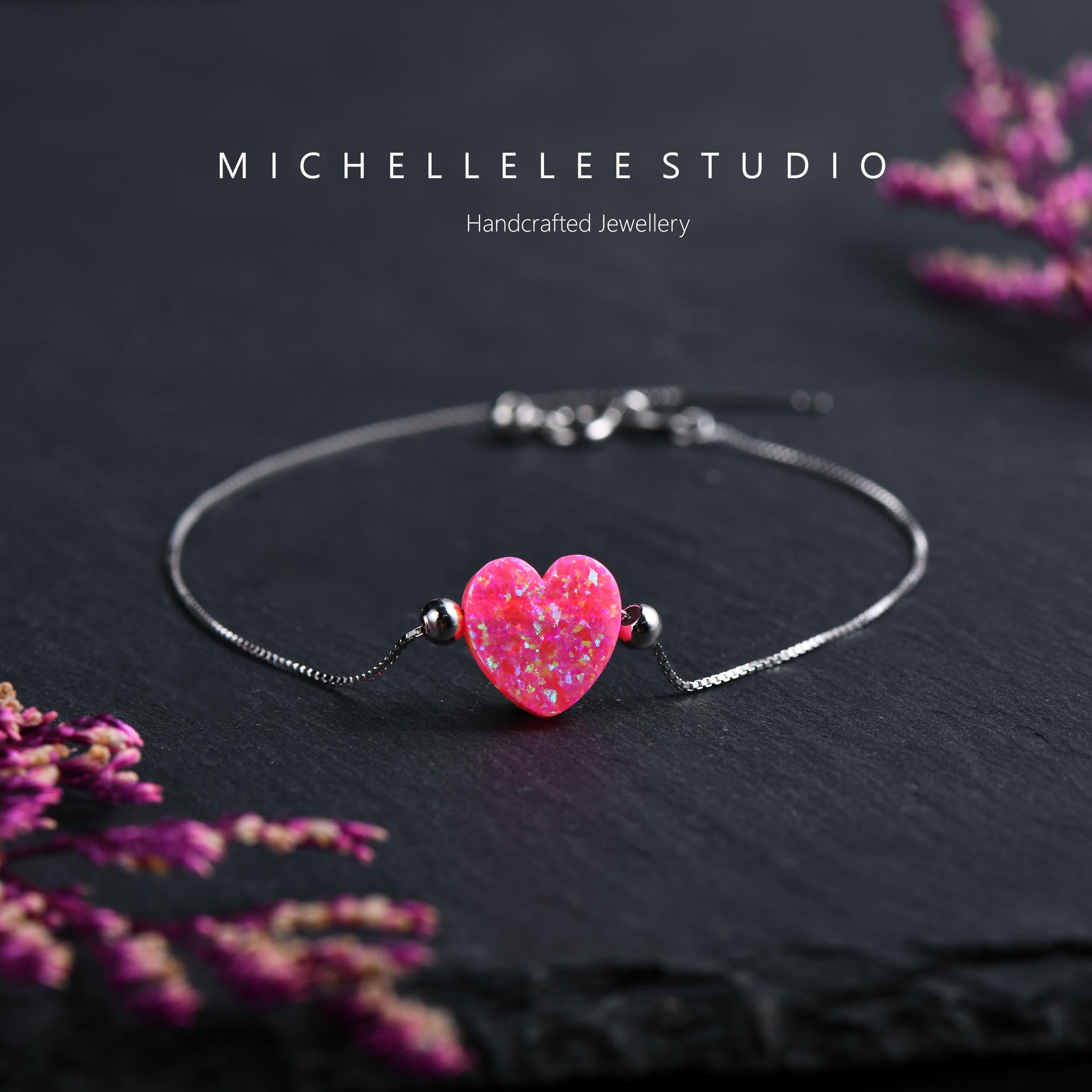 Dainty Heart Opal Bracelet, Fire Opal Bracelet, Love Heart