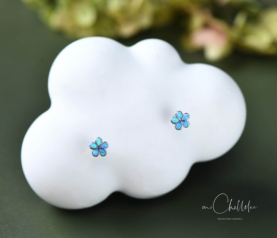 thumbnail image 2 of Small Opal Flower Sterling Silver Stud Earrings - White & Blue, Screw Backs, New With Tags 2 of 5