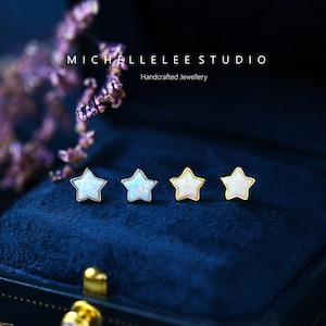 Sterling Silver White Opal Star Stud Earrings, Fire Opal Star Stud Earrings, Minimalist Geometric