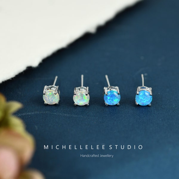 Minimalist Opal Stud Earrings, Blue and White Fire Opal, Round Opal Earrings,Simple Stud Geometric Jewellery