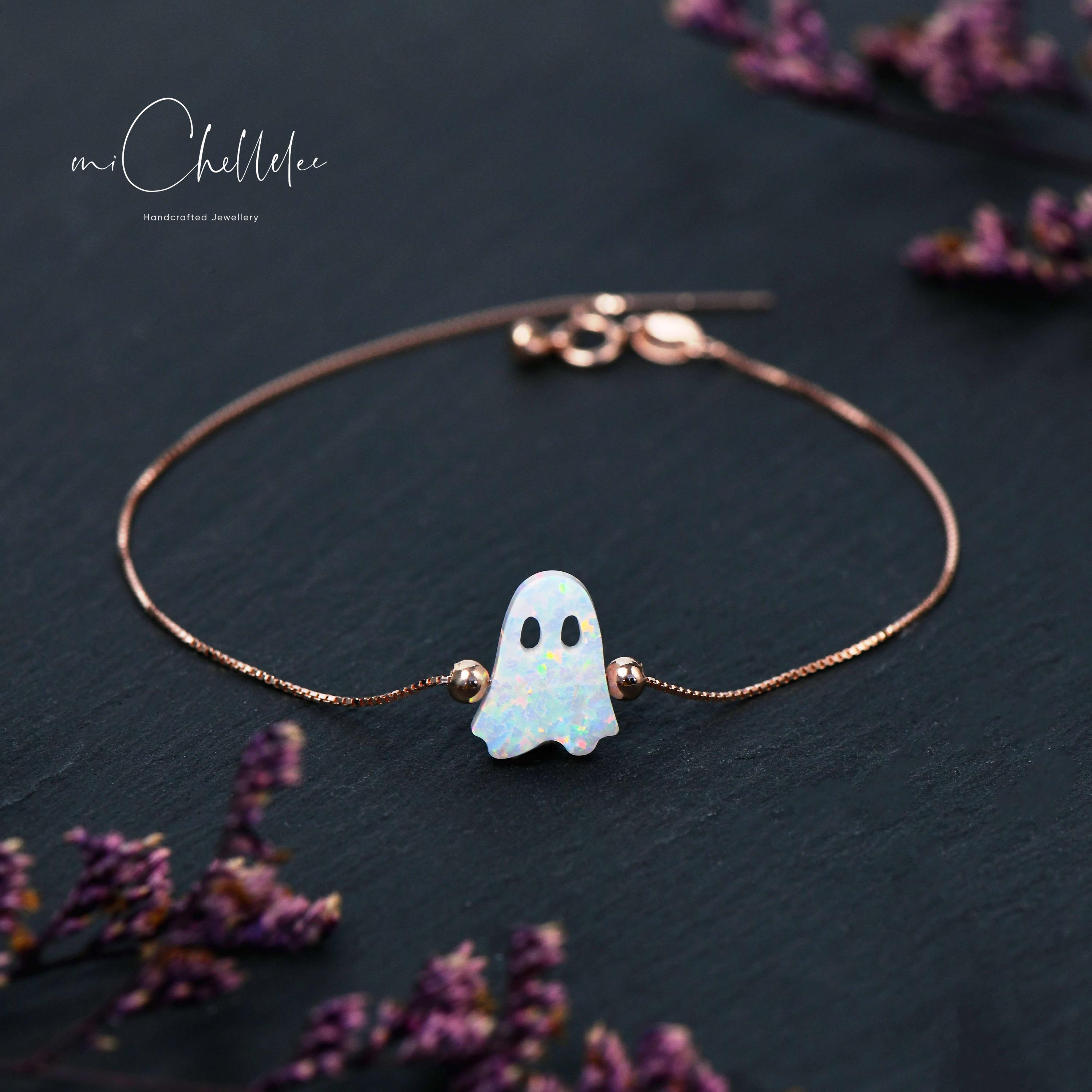 Halloween Black and White Ghost Opal Bracelet, Fire Opal Specter