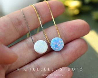 Large Opal Bead Necklace, White and Blue Opal Round Pendant Necklace, Delicate Gemstone Sterling Silver Necklace