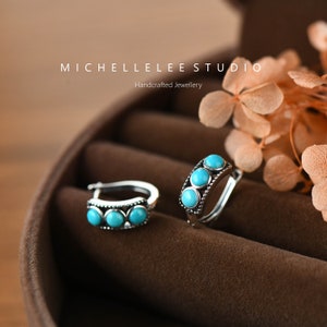 Turquoise Huggie Hoop Earrings, Natural Turquoise Bead 925 Sterling Silver Earrings, Chunky Hoop Earrings