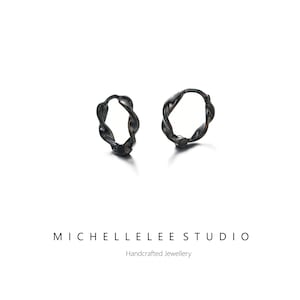 Simple Black Twist Huggie Hoop Earrings in Sterling Silver, Mobius Hoops Earrings,Simple Geometric Jewellery