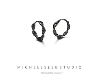 Simple Black Twist Huggie Hoop Earrings in Sterling Silver, Mobius Hoops Earrings,Simple Geometric Jewellery