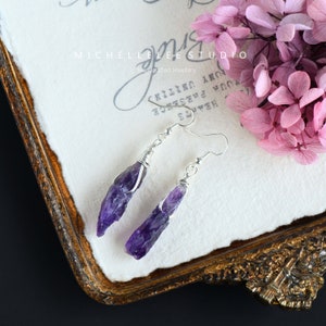 Large Raw Uruguay Amethyst Hook Earrings, Gold and Silver Dipped Amethyst Drop Earrings with Matching Pendant, Semi-precious Crystal