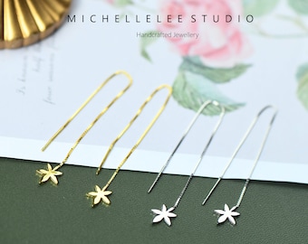 Minimalist Maple Leaf Ear Threaders, Sterling Silver Leaf Earrings, Droplet Ear Threaders