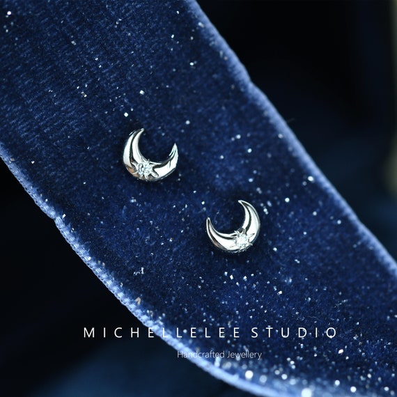 Sterling Silver Moon Stud Earrings, Tiny Crescent Moon Stud Earrings with Crystal Star, Sterling Silver Earrings