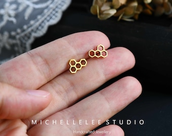 Minimalist Hive Stainless Steel Stud Earrings, Gold and Silver Honeycomb Stud Earrings