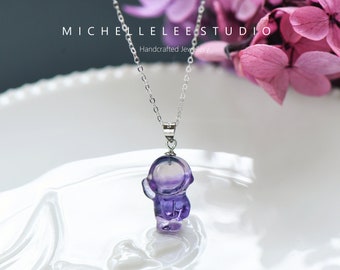 Natural Fluorite Spaceman Astronaut Pendant Necklace, Multi Color Gemstone Necklace in Sterling Silver, Miniature Space