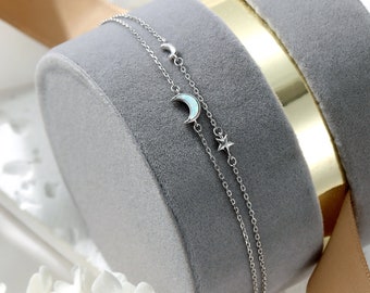 Dainty Opal Moon Anklet, Crescent Moon and Star Sterling Silver Anklet, Gift for Her