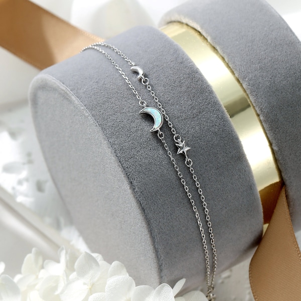 Tornozeleira Lua Estrela Opala, Tornozeleira Celestial em Prata de Lei, Tornozeleira em Camadas de Opala Branca, Joia Boho Delicada para Presentear Ela