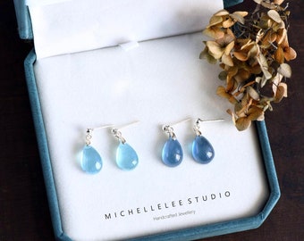 Tiny Natural Aquamarine Teardrop Stud Earrings in Sterling Silver, Dangling Droplet Gemstone Earrings, March Birthstone