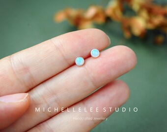 Tiny Circle Earring Helix with Opal Bead, Sterling Silver Round Stud Earrings, White and Blue Fire Opal Earrings,Screw Backs
