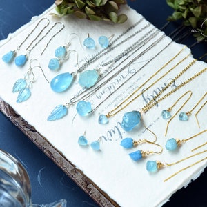 Aquamarine Earrings, Wire Wrapped Gemstone Sterling Silver Threaders, Threader Earrings, March Birthstone, baby blue image 6