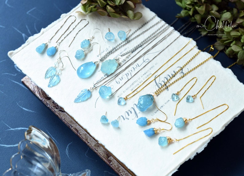 Aquamarine Earrings, Wire Wrapped Gemstone Sterling Silver Threaders, Threader Earrings, March Birthstone, baby blue image 6