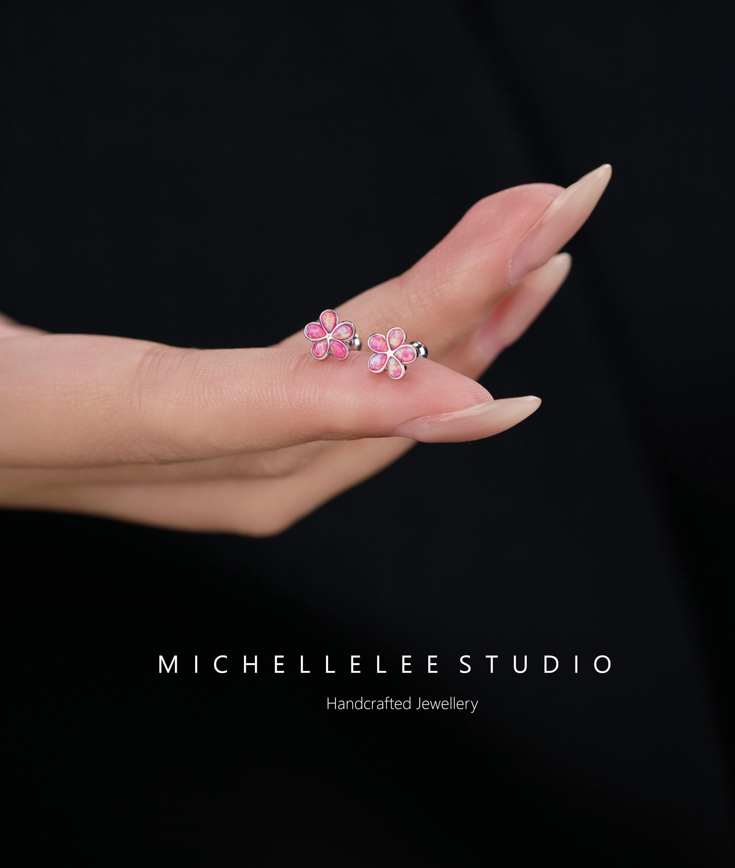 Small Opal Flower Sterling Silver Stud Earrings with Screw