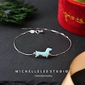 Cut Dog Opal Sterling Silver Bracelet, White and Black Opal Dachshund Bracelet, Fire Opal basset hounds Bracelet, Animal, Birthstone