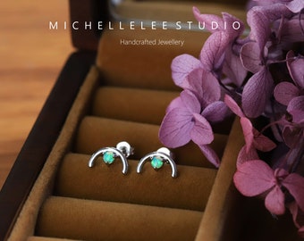 Delicate Semi Circle Stud Earrings with Green Opal,  Fire Opal Stud Earrings