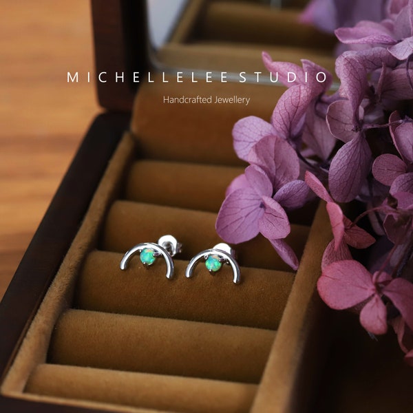 Delicate Semi Circle Stud Earrings with Green Opal,  Fire Opal Stud Earrings