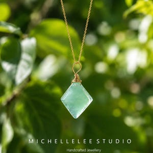 Green Fluorite Necklace, Octahedron Crystal Pendant, Wire Wrapped Stainless Steel Jewelry Gift for Her