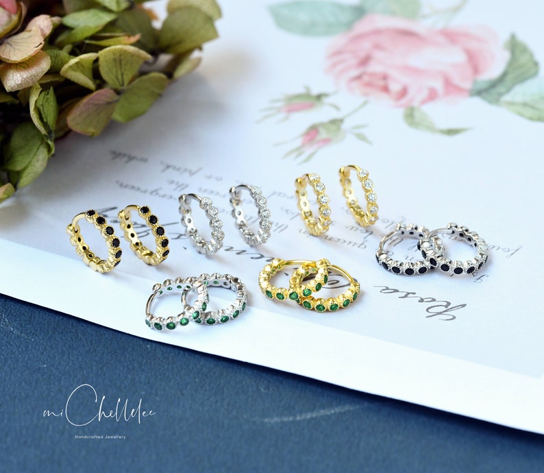 Minimalist Dotted Crystal Huggie Hoop Earrings in Sterling Silver, Multi Color Crystal Hoops, Simple Geometric Jewellery,Two Sizes image 8