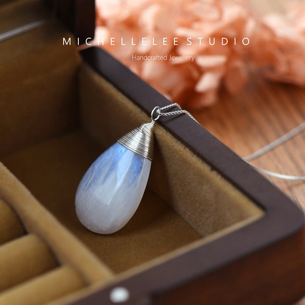 Large Natural Blue Moonstone Pendant Necklace, Teardrop Gemstone Necklace with Matching Earrings, Raindrop, June Birthstone