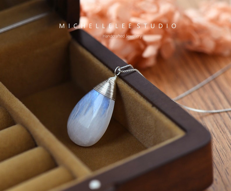 Large Natural Blue Moonstone Pendant Necklace, Teardrop Gemstone Necklace with Matching Earrings, Raindrop, June Birthstone image 1