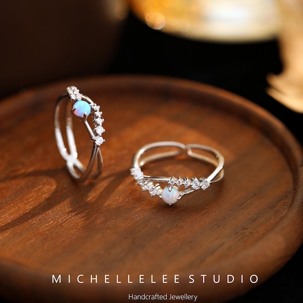 Opal Sterling Silver Ring with Crystals, Stacking Ring