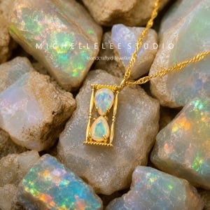 White and Blue Opal Hourglass Necklace, Sterling Silver Time Symbol Pendant, Meaningful Jewellery Gift for Her