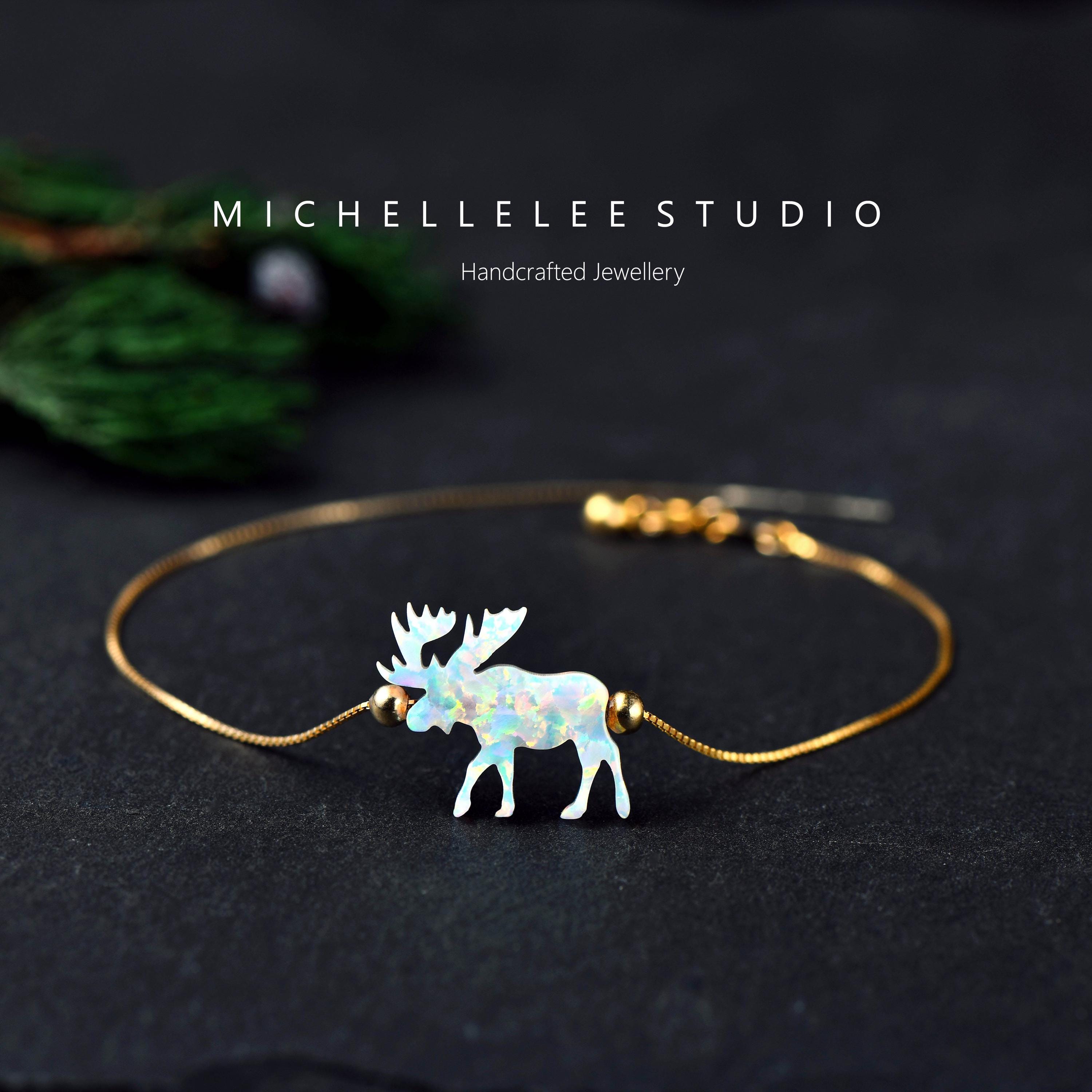＊Handmade Animal　ネックレス Moose Opal Pendant Necklace, White Opal Animal Necklace With 925