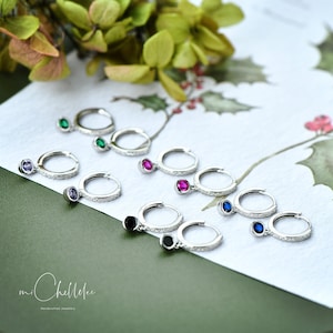 Sterling Silver Huggie Hoops with Crystal Charm, CZ Crystal Hoops Earrings, Tiny Circle Charm Earrings