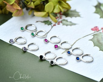 Sterling Silver Huggie Hoops with Crystal Charm, CZ Crystal Hoops Earrings, Tiny Circle Charm Earrings